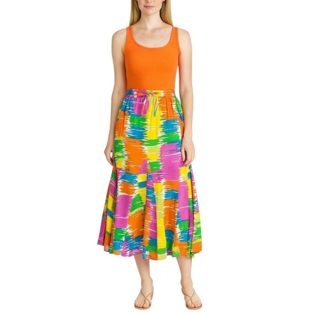 Vintage 80s Metro Style Midi Skirt Pink Orange Blue Multi Cotton Women’s Size XL